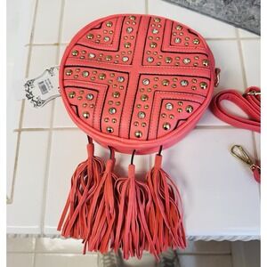 Alyssa Vegan Orange Small RoundPurse Bag with Tassels & Grommets Crossbody Strap